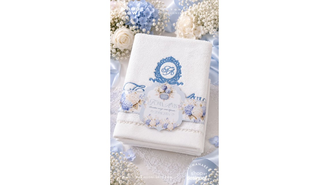 Trusou Botez Băiat Blue Hydrangea Hortensii Bleu și Monogramă Regală 12